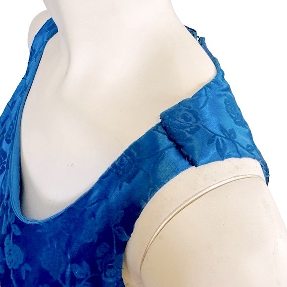 VINTAGE 90’s Niki Livas Cerulean Blue Rayon Satin Floral Velvet Tank Maxi Gown - Picture 6 of 8